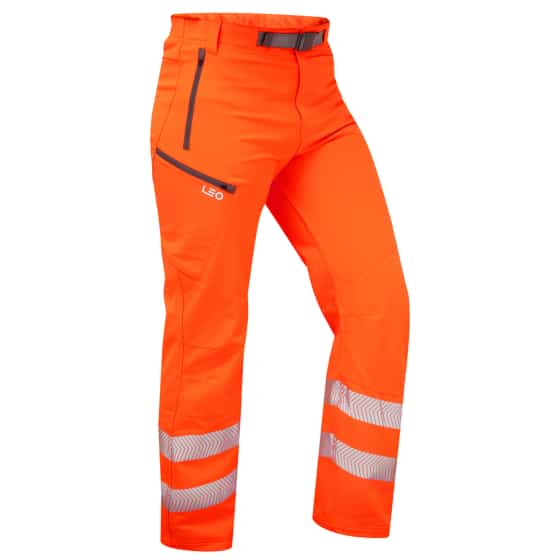 Bright orange high-visibility work trousers with reflective silver stripes near the ankles, a zipped side pocket, and an adjustable waistband. | Work & Wear DIrect