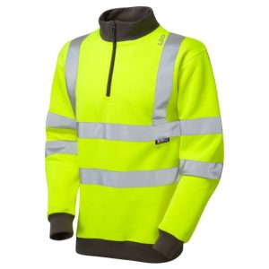 A bright yellow high-visibility safety jumper with reflective silver stripes on the body and sleeves, a black collar with half-zip, and dark cuffs and waistband. | Work & Wear DIrect