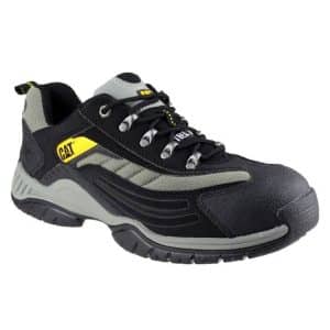 A black and grey CAT work shoe with yellow accents, metal eyelets, and a thick, rugged sole designed for durability and protection. | Work & Wear DIrect