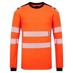 A bright orange long-sleeve shirt featuring two horizontal reflective silver stripes on the front and arms, black collar and cuffs, designed for high visibility and safety. | Work & Wear DIrect
