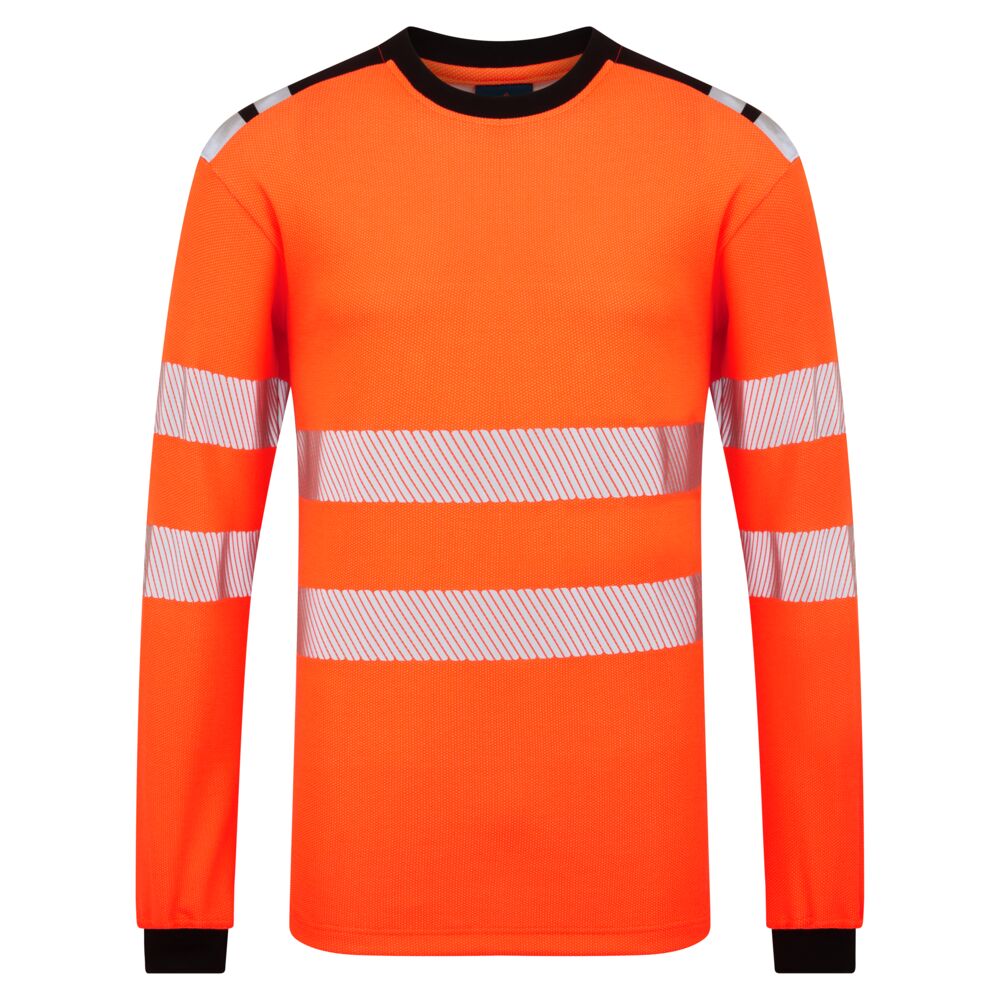 A bright orange long-sleeve shirt featuring two horizontal reflective silver stripes on the front and arms, black collar and cuffs, designed for high visibility and safety. | Work & Wear DIrect