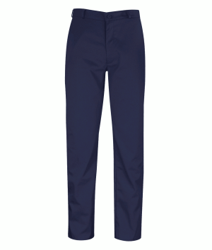 A pair of plain, straight-leg navy blue dress trousers with a waistband, belt loops, and a front button and zip fastening, displayed against a white background. | Work & Wear DIrect