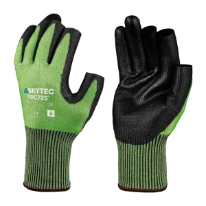 protective work gloves Two green and black protective work gloves, shown front and back. The left glove displays the brand SKYTEC TRC725 and certification markings. The gloves have a textured black palm and a green knitted wrist cuff. | Work & Wear DIrect