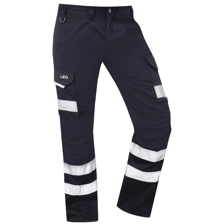 Navy blue work trousers with white and black reflective stripes around the lower legs and pockets. The trousers feature cargo pockets and the brand name LEO on the left pocket. | Work & Wear DIrect