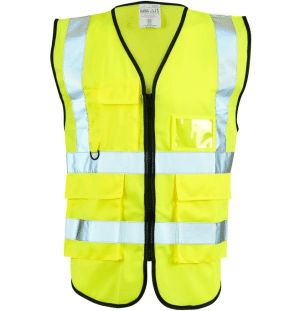 Bright yellow safety vest with silver reflective stripes, multiple pockets, a zip down the middle, and black trim on the edges. The vest is displayed against a white background. | Work & Wear DIrect