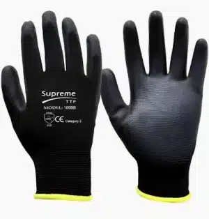 Two black work gloves with yellow cuffs are shown, one with labels including Supreme TTF, MODEL: 1008B, protective symbols, and Category 2. Both gloves are displayed palm up. | Work & Wear DIrect