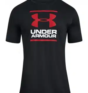 Black T-shirt featuring a large red Under Armour logo above the words UNDER ARMOUR in bold white text on the chest. | Work & Wear DIrect