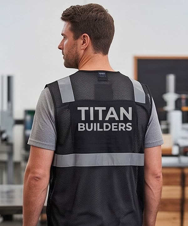 A man wearing a mesh safety vest with reflective stripes and TITAN BUILDERS written on the back, standing indoors in what appears to be a workshop or industrial setting. | Work & Wear DIrect