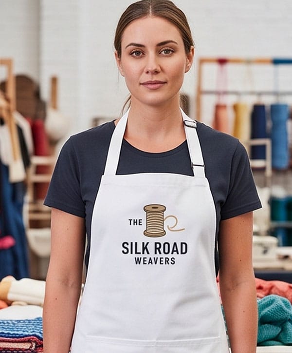 A woman wearing a white apron with The Silk Road Weavers logo stands in a textile studio. Colourful fabrics and materials are visible on shelves and tables in the background. | Work & Wear DIrect