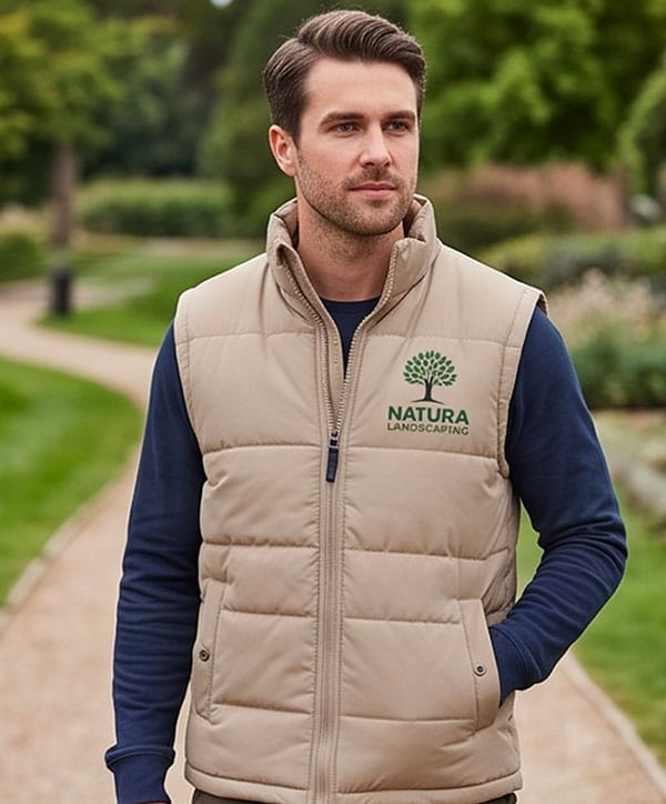 A man in a tan puffer gilet with Natura Landscaping and a tree logo stands on a park path lined with greenery, wearing a navy shirt and looking to the side. | Work & Wear DIrect