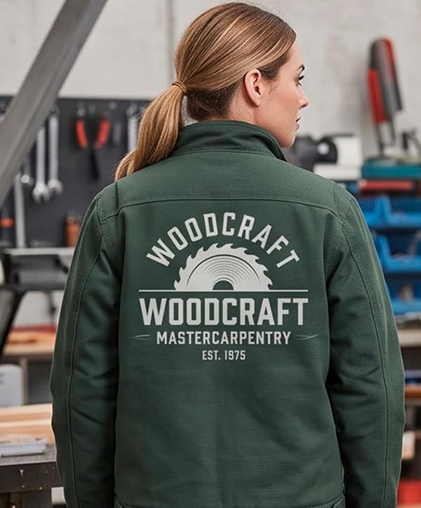 A woman with a ponytail wears a green jacket with WOODCRAFT MASTER CARPENTRY EST. 1975 and a saw blade logo on the back, standing in a workshop filled with tools and wooden surfaces. | Work & Wear DIrect