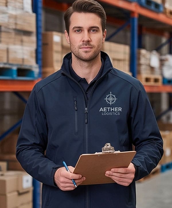 A man in a navy Aether Logistics jacket holds a clipboard and pen, standing in a warehouse with shelves of boxes in the background. | Work & Wear DIrect