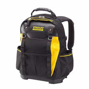 A black and yellow Stanley FatMax rucksack with multiple pockets, sturdy handles, and side compartments, designed for carrying tools and equipment. | Work & Wear DIrect