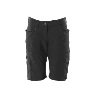 Mascot Ladies' Fit 18048 Accelerate Ultimate Stretch Shorts in black, featuring multiple pockets, a button and zip fastening, belt loops, and reinforced stitching. The shorts are displayed on a plain white background. | Work & Wear DIrect