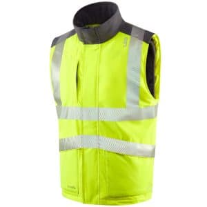 Bright yellow high-visibility safety vest with reflective silver stripes, a grey collar, and black interior lining, displayed on a white background. | Work & Wear DIrect