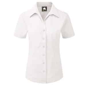A plain white, short-sleeved, collared button-up shirt, displayed on a white background. The shirt has a fitted design and a label visible inside the collar. | Work & Wear DIrect