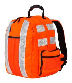 Bright orange rucksack with reflective silver stripes, a front mesh zip pocket, a black handle, and padded shoulder straps. The design appears safety-oriented, suitable for visibility in low-light conditions. | Work & Wear DIrect