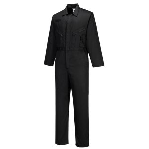 A black, long-sleeved overall with front zip, collar, and multiple zipped chest pockets displayed on a white background. | Work & Wear DIrect