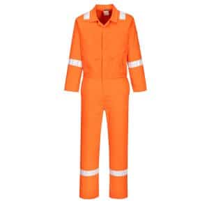 Bright orange coverall with white reflective stripes on the arms, chest, and legs. The coverall has a collar, long sleeves, and zipped front with pockets at the chest and waist. | Work & Wear DIrect