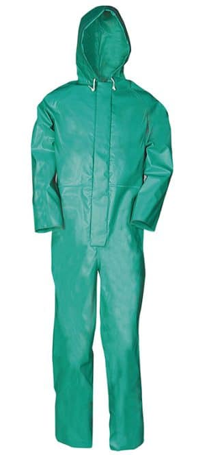 A green, hooded protective coverall suit is shown standing upright. The suit is long-sleeved, full-length, and made from waterproof material, designed for safety or hazardous environments. | Work & Wear DIrect