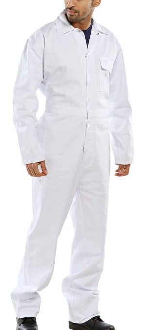 A person wearing a clean white coverall suit with long sleeves and black shoes, standing and facing slightly to the right. | Work & Wear DIrect