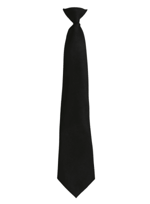 A Premier ‘Colours’ Fashion Clip Tie PR785 in plain black, featuring a classic pointed end, displayed vertically against a white background. | Work & Wear DIrect