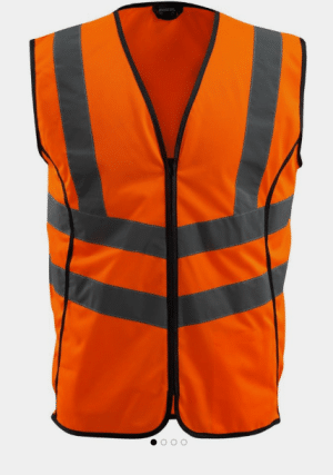 Bright orange safety vest with two horizontal and two vertical reflective grey stripes, a zip down the front, and black edging around the armholes and zip. | Work & Wear DIrect