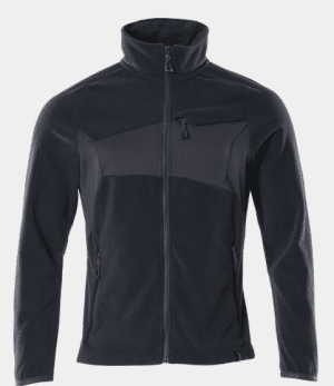 The Mascot Accelerate 18303 Fleece Jacket in black features a zip-up front, high collar, two zipped side pockets, and one zipped chest pocket, displayed on a plain white background. | Work & Wear DIrect