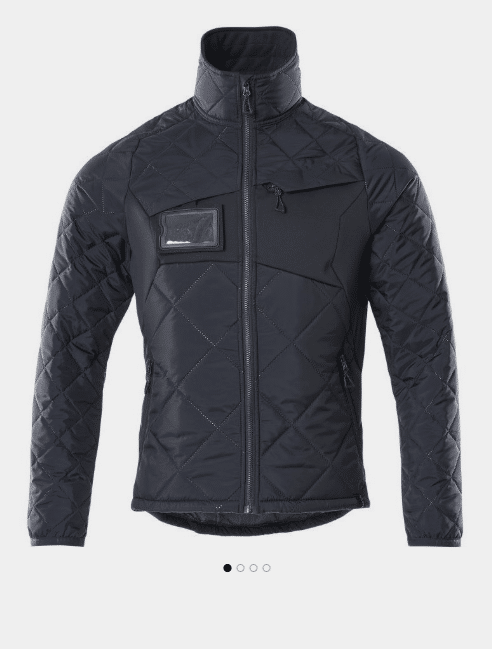 A black, quilted jacket with a high collar, front zip, zipped chest pocket, and a small transparent ID pocket on the left chest, displayed on a plain white background. | Work & Wear DIrect