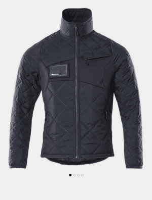 A black quilted jacket with a high collar, front zip, zipped chest pocket, and a small clear ID window on the left chest. The design has a modern, geometric pattern. | Work & Wear DIrect
