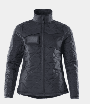 A black, quilted jacket with a high collar, front zip, chest pocket with flap, and a small rectangular patch on the left chest. The jacket has a fitted shape and long sleeves. | Work & Wear DIrect