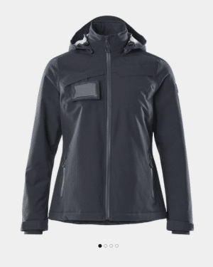 A dark-coloured, hooded jacket with a front zip, two side pockets, and a clear ID holder on the chest, displayed on a plain background. | Work & Wear DIrect