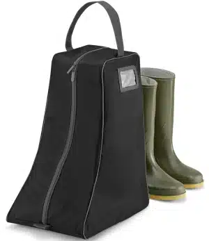 A black zip-fastened boot bag with a handle is placed next to a pair of green rubber wellies with light-coloured soles. | Work & Wear DIrect