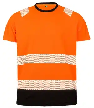 Bright orange short-sleeve safety shirt with black collar, black bottom trim, and white diagonal-striped reflective bands on the shoulders, chest, and waist. | Work & Wear DIrect