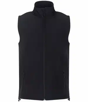 A black sleeveless zip-up gilet with a high collar and two front zippered pockets, displayed on a plain white background. | Work & Wear DIrect
