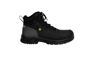 A black and grey safety work boot with laces, a reinforced toe, and a small yellow circular symbol on the side, shown against a white background. | Work & Wear DIrect