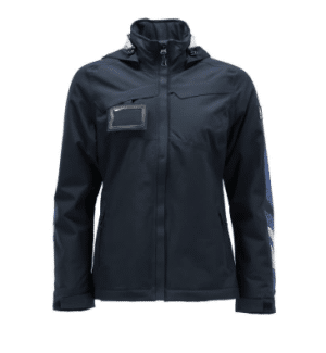 The Mascot Accelerate 18045 Ladies Fit Waterproof Winter Jacket is a dark blue hooded jacket featuring a front zip, two side pockets, a small chest pocket with a clear window, and light blue accents on the sleeves. | Work & Wear DIrect