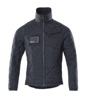 The CLIMASCOT® water-repellent, lightweight thermal jacket is black and quilted, featuring a high collar, front zip fastening, zipped side pockets, and a small rectangular patch on the left chest. | Work & Wear DIrect