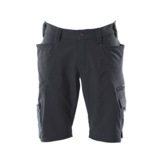 Mascot 18149 Accelerate Ultimate Stretch Lightweight Shorts in dark grey, featuring multiple pockets and blue accent stitching, displayed on a white background. | Work & Wear DIrect