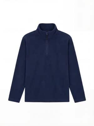 A navy blue fleece jumper with long sleeves, a high collar, and a half-zip front, displayed on a plain white background. | Work & Wear DIrect