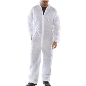 A person wearing a full-body white disposable coverall suit with a zip at the front, standing and facing forwards. Only the lower part of the person's face is visible. | Work & Wear DIrect