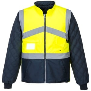 A high-visibility jacket with yellow and grey reflective panels, navy quilted sleeves, a front zip, and multiple pockets, designed for safety and visibility. | Work & Wear DIrect