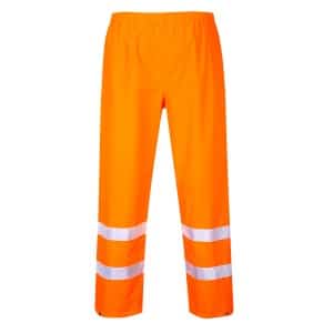 Bright orange high-visibility trousers with two horizontal reflective white stripes near the bottom of each leg, designed for safety in low-light conditions. | Work & Wear DIrect
