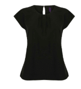 A short-sleeved, black women's blouse with a round neckline, subtle pleats at the front, and a small button fastening at the back. | Work & Wear DIrect