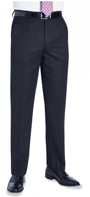A person wearing black dress trousers, a white shirt, a pink-patterned tie, a black belt, and black dress shoes, shown from the shoulders down against a plain white background. | Work & Wear DIrect